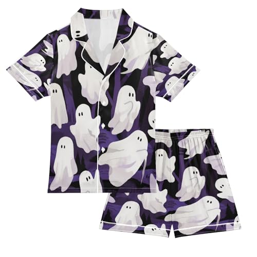Satin Pajama Sets Short Sleeve Ghostly Figures on Purple Background Button Down Silky Nightwear 2 Piece PJS 5-14Y