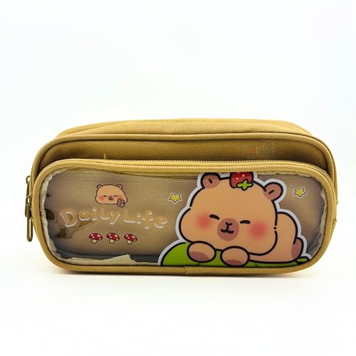 Image of Alokik Enterprise Cute Cartoon Pencil Pouch with Double Zipper & Transparent Window, Large Capacity Fabric Pen Case for School, Office, Students, Kids & Teens (Daily Life Khakhi Pouch)