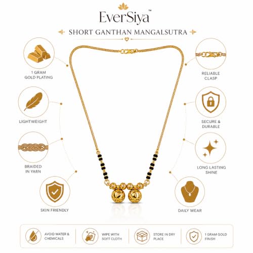 Image of 1 Gram Gold Plated Traditional Short Mangalsutra for Women| Daily Wear Short Tanmaniya With Black beads. 18 Inch Gold Plated Jewellery.