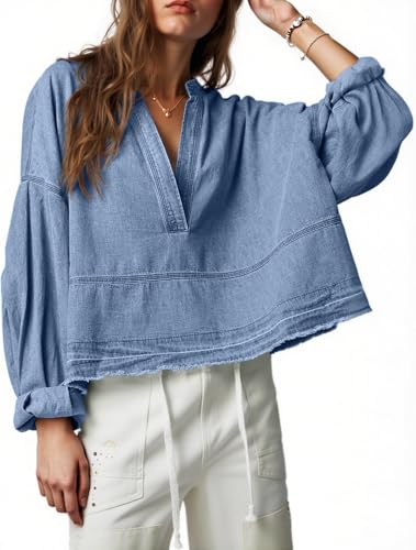 PLNOTME Womens Denim Tops Pullover Trendy Casual V Neck Loose Fit Puff Sleeve Jean Cotton Shirts