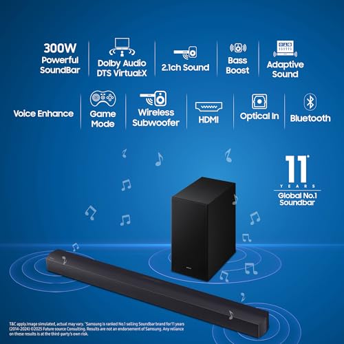 Samsung 300 W 2.1 ch Soundbar with Dolby Audio | DTS Virtual:X | Bass Boost | 3D surround sound | HDMI ARC | Optical In | Bluetooth | USB Music Playback | Wireless Subwoofer (HW-B45EF/XL, Titan Black) view 2
