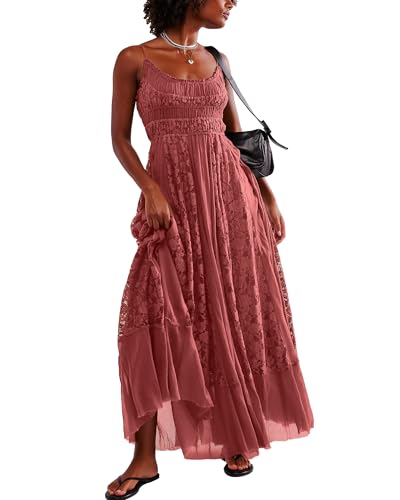 Gacaky Summer Dress for Women Casual Lace Floral Embroidered Bohemian Maxi Dress Flowy A Line Beach Long Dresses Rose Medium