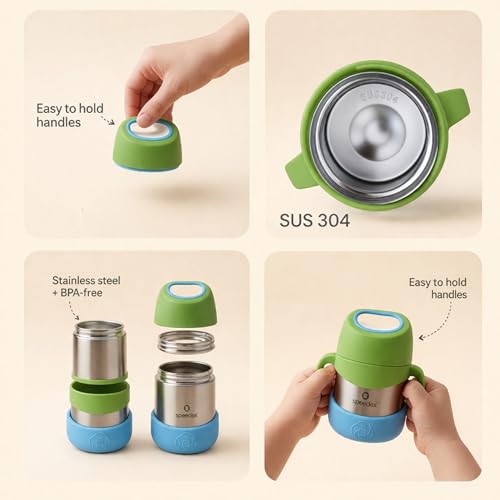 Image of Speedex Kids Insulated Food Jar 320ml Minty Fresh (Green), Stainless Steel Lunch Box with Handle & Spork, Leak Proof BPA-Free Double Wall Vacuum Tiffin, Hot & Cold Food Container