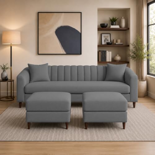 Image of Doraldo 3 Seater Sofa Set with 2 Ottoman for Living Room (Dark Grey) Premium Fabric Sofa