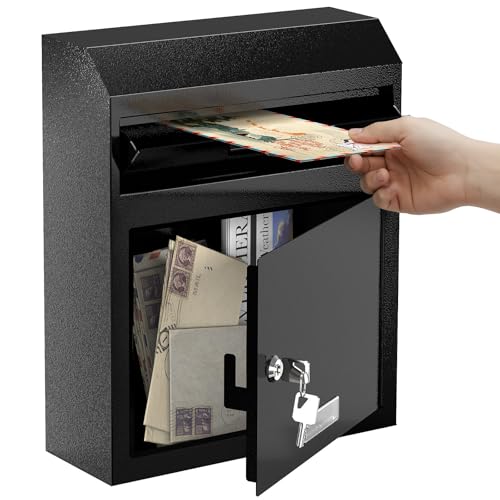 Metateel Wall Mounted Locking Mailbox – Heavy Duty Key Drop Box with Anti-Theft Design for Rents Cash Mails Deposits Checks Envelopes – Ideal for Home, Office, School, 12'W x 4.25'D x 14.75'H (Black)