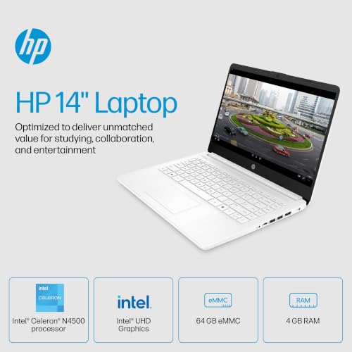 Image of HP 14 Inch Laptop Computer, Intel Celeron N4500, 4GB RAM, 64GB eMMC, Windows 11, Snowflake White, Portable Notebook for Students, Home Office, Online Classes and Everyday Browsing