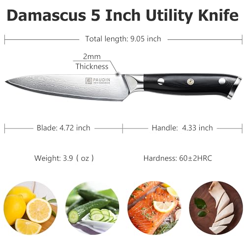 Image of PAUDIN Utility Knife, Damascus Kitchen Knives, 67-Layer Forged Blade, Ultra Sharp Petty Knife, Full Tang G10 Handle with Triple Rivets, 5'' Paring Knives for Cutting Fruit and Vegetables