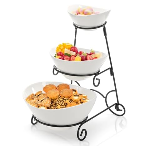 Covzoe 3 Tiered Serving Bowl Set, Ceramic Oval Serving Dishes with Collapsible Metal Rack, Chip and Dip Serving Set for Parties Entertaining, Appetizer Serving Platters for Fruit Dessert Cover