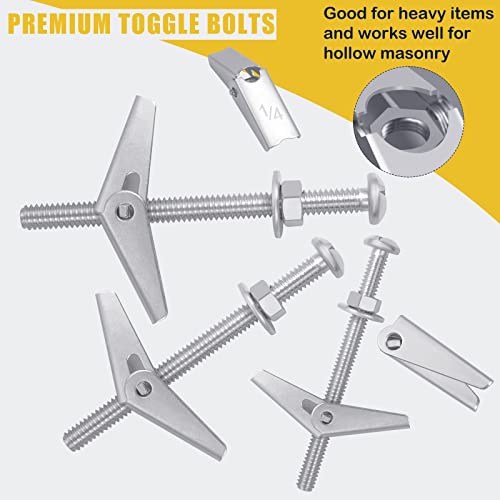 48 Sets Toggle Bolts - 1/4 3/16 1/8 Inch Butterfly Toggle Anchors for Drywall - Toggle Bolt Assortment Kit with Matching Wing Nuts, Hex Nuts, Washers