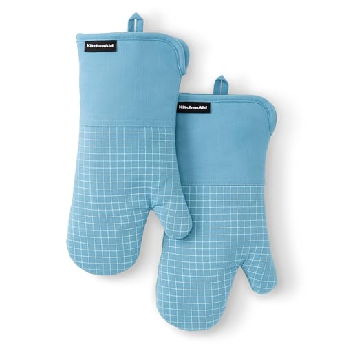 KITCHENAID Gourmet Series Gridlines Oven Mitts 2-Pack Set, Heat Resistant up to 600°F, Soft Silicone Grip, Magnetic Cuff, Blue Velvet, 7'x14'