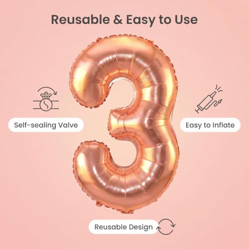 Image of YPSelected 32 Inch Large Foil Helium Number Balloon Birthday Wedding Party 0-9 (Rose Gold, 3)