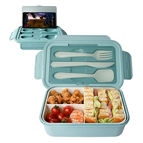 Bento Box Lunch Box for Kids Adults,1400ml Meal Prep Food Container with 3 Compartments,Cutlery Set and Fork,Spoon,BPA Free,Leakproof,Microwave and Dishwasher Safe,for Salad Sandwich( Blue) Cover