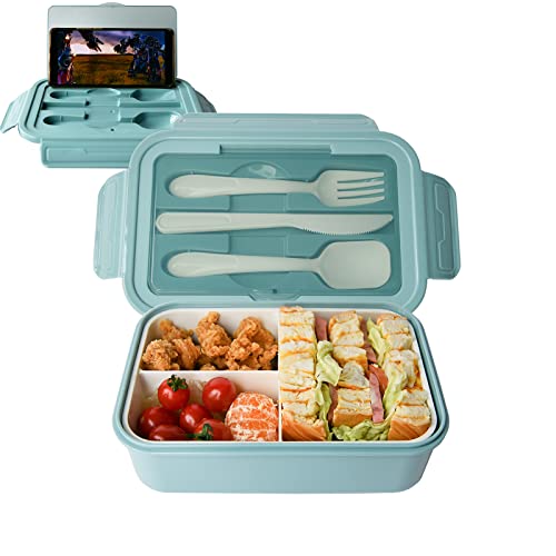 Almuerzo,Lunch Box de oficina hermética,2 capas 1500 ml Caja de Bento de plástico, con 3 compartimentos y cubiertos (tenedor y cuchara), sin BPA,para adultos, microondas, lavavajillas, escuela, azul Cover