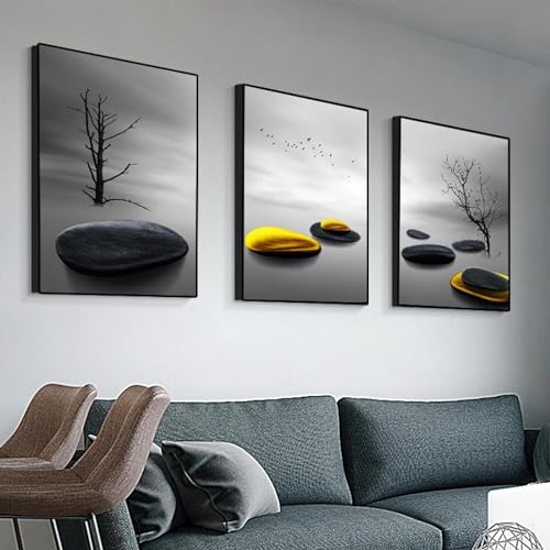Peinture sur toile abstraite en pierre jaune et noire triptyque 3 pieces