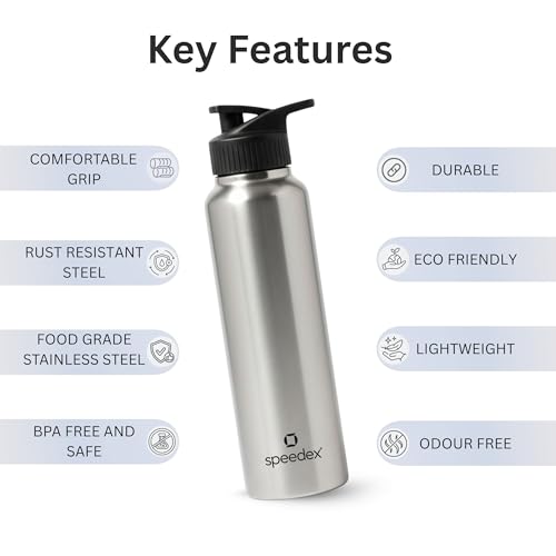 Image of Speedex Stainless Steel Metal Water Bottle 1 Ltr 1000 ml, BIS Approved, Leak Proof Sipper Cap Bottle for Office, School, Gym, Travel, Daily Use for Men, Women, Kids, Adults, Silver, Set of 1