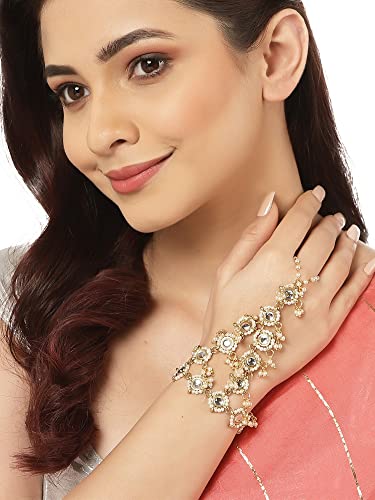 Image of Karatcart Gold Plated Baby Pink Pearl Chain Kundan Hathphool