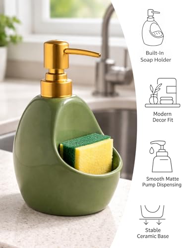 Image of Green Ceramic Soap Dispenser with Sponge Holder - Refillable Kitchen Sink Soap Pump with Sponge Tray - 2-in-1 Sink Organizer for Dish Soap, Farmhouse Countertop Decor
