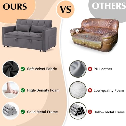 SPOWAY 3 in 1 Sleeper Sofa Couch Bed, Velvet Convertible Sofa Bed with Armrests, Storage Pockets & 2 Pillows for Living Room Apartment Bedroom Office, Dark Grey - Thumbnail 3