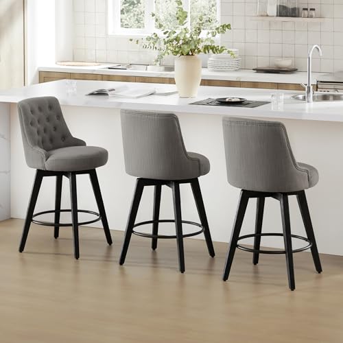 Image of Watson & Whitely Counter Height Bar Stools Swivel Barstools, Fabric Grey | Upholstered Modern Barstool with Back, Solid Wood Legs, 26 inch H Seat