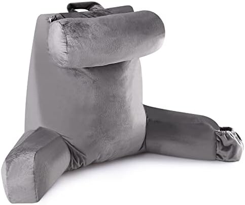 BHSOSO Reading Pillow with Shredded Foam,Back Pillows for Sitting Up in Bed Adult,Has Arm Rests, and Back Support for Lounging, Reading, Working on Laptop, Watching TV (Gray)