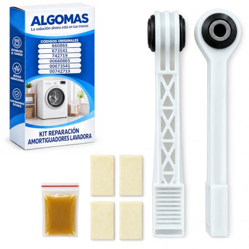 ALGOMAS® Kit Reparación Amortiguador Lavadora | Incluye 2 Amortiguadores, Grasa de Engranaje y 4 Almohadillas | Compatible con Bosch, Siemens, Balay | Códigos Originales 00673541 00742719 00660865