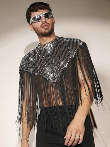 WDIRARA Men's Fringe Trim Mock Neck Sleeveless Sequin Party Hooded Vest Top3