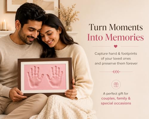Image of Adult, Couple, Blessings Clay Handprint & Footprint Kit with XL Box Frame (37cm x 28cm x 2.5cm) & Impression Clay (750 GMS) (Brown Frame-Pink Clay)