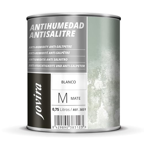 Pintura Antihumedad Blanco Mate. Impermeabiliza, protege y aísla fachadas, muros, paredes. (750 Mililitros, Antisalitre)