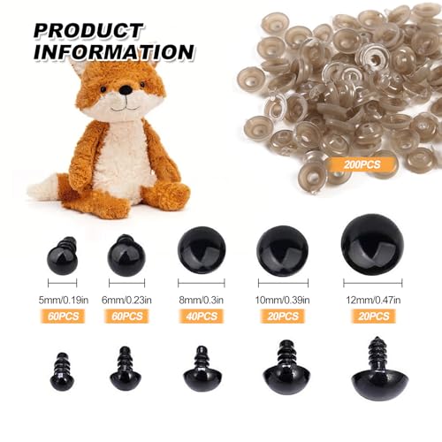 HONQX Safety Eyes for Crochet Toys, 400 pcs 5-12mm Safety Crochet Craft Eyes with Washer Black Plastic Doll Eye for Stuffed Toy Making