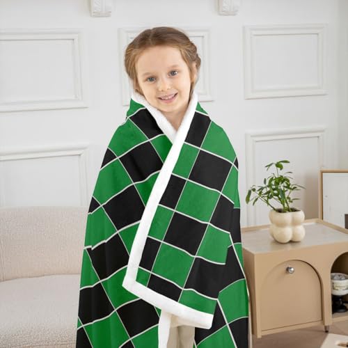 Image of Erosebridal Plaid Fuzzy Plush Throw Green Black Checkerboard Fleece Blanket Geometric Checkered Sherpa Blanket for Kids Boys Girls,Aesthetic Grids Decor for Bed Couch Queen 90 inchx90 inch