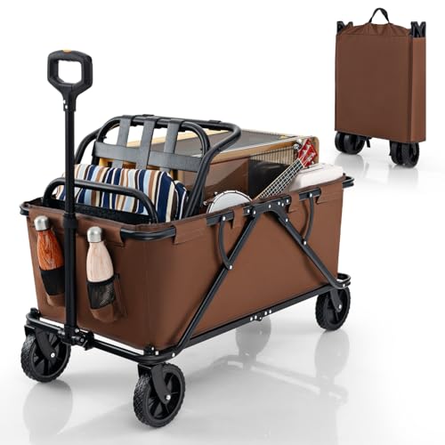 COSTWAY Wózek składany, wózek ręczny z regulowanym uchwytem, uchwytami na napoje i torbą do przechowywania, wózek ogrodowy, obciążenie do 100 kg, wózek transportowy na zakupy, kemping (kawa)