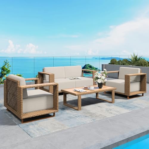 Image of SUNSHINE VALLEY 4 Pieces Patio Furniture Set, Outdoor Rattan Wicker Conversation Set with 10''Ultra-Thick Cushions, Low Profile Patio Conversation Set for Lawn Garden Backyard,Beige