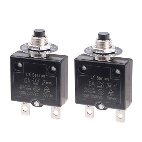 RKURCK 2 Pcs 125-250V AC 50V DC Push Button Circuit Breaker 5 Amps Thermal Overload Protector L1 Series Manual Reset Thermal Circuit Breaker 5A