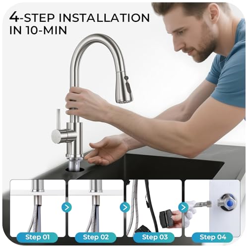 Image of Brushed Nickel Kitchen Faucet with Pull Down Sprayer | SUS 304 Stainless Steel, Single Handle, 3 Spray Modes, 360 Swivel Spout, RV Laundry Bar Sink, Deck Plate, NSF372 NSF61 cUPC