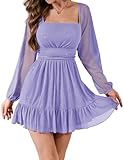 Bridesmay Vestido corto de malla de manga larga con cuello cuadrado para mujer, brillante, acampanado, casual, para fiesta, Lavanda, XXL