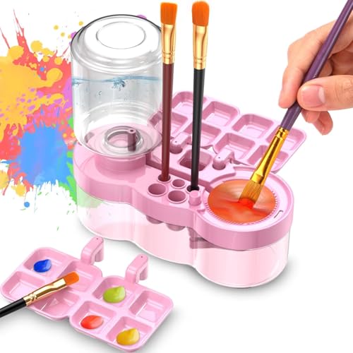 Image of Parssufy Paint Brush Cleaner with Paint Tray, 6-in-1 Water Circulation Rinser Paintbrush Cleaner with Drain & Brush Holder, Watercolor Dispenser & Paint Palette, Paint Brush Washer (Pink)