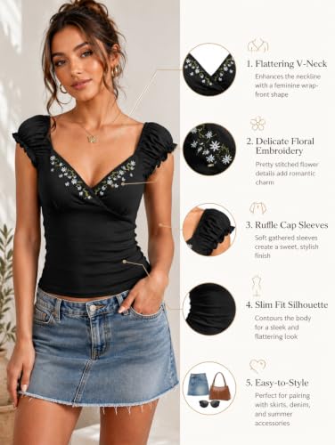 Image of EMMIOL Y2K Fairy Grunge Short Sleeve Shirts for Women Vintage Floral Graphic V Neck Cute Going Out Tops Emo Summer Tee