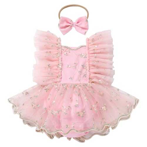 IDOPIP Baby Girls Lace Romper Dress Headband Newborn Clothes Infant Boho 1st Birthday Outfits Ruffle V-Backless Jumpsuit Bodysuit Floral Embroidery Pageant Dresses for Cake Smash Pink 0-3 Months