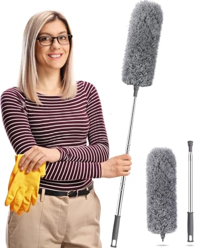 Staubwedel Teleskop Waschbar，Staubwischer lang ausziehbar bis 2,45m，staubwedel mit teleskopstange und Biegbar，Spinnwebenbesen für hohe Decken Deckenventilator spinnenweben Eckbesen Grau