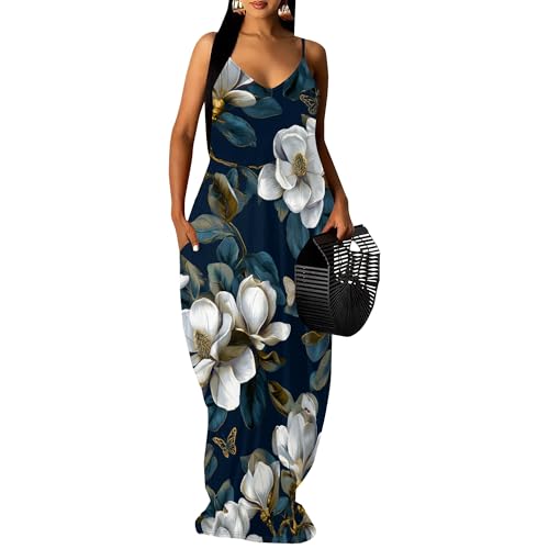 Image of Women's Summer Maxi Dress Spaghetti Strap Floral Boho Beach Long Sundress with Pockets