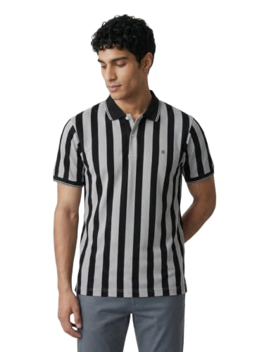 Image of Raymond Men Modern Fit Stripe Pattern Pure Cotton Polo Neck Half Sleeve Casual T-Shirt
