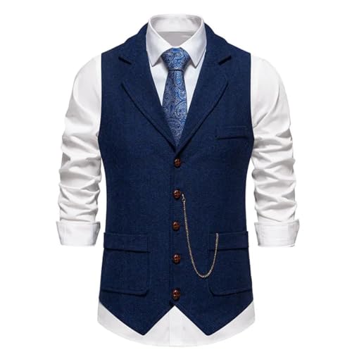 Mens Western Waist Coat Homme Chain Accesories Woolen Tweed Retro Masculino Gentleman Suit Vest