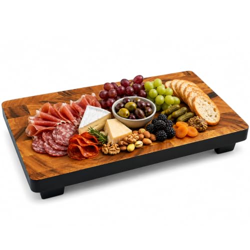 Image of Woodard & Charles Raised Acacia Wood Serving Tray, 12 inch x 8 inch x 1.75 inch, 4 Pack | Platform Serving Tray with Feet; Serve Cheese, Charcuterie, Sushi, Appetizers, Small Bites at Home, Parties, Catering Events