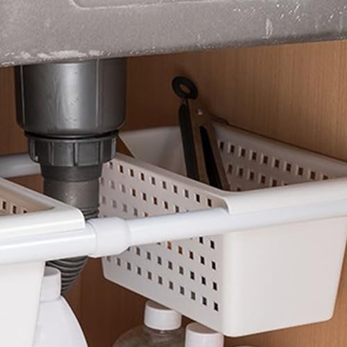 Organizador para Cocina Bajo Fregadero, Canasta de Almacenaje Expansible, Instalación sin Clavos, Plástico, Para Armario y Baño miniatura 7