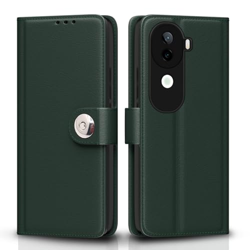 Image of Pikkme Flip Cover Leather Finish | Inside TPU with Card Pockets | Wallet Stand and Shock Proof | Complete Protection Button Flip Case for Vivo V40e 5G / iQOO Z9s 5G(Green)