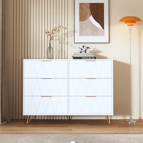HYNHXBP Commode à 6 tiroirs avec pieds et poignées dorés, meuble de rangement blanc pour la chambre, le salon et le couloir, 100 x 34 x 72,5 cm