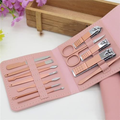 爪やすり爪はさみクリッパーマニキュアペディキュアキット使いやすいマニキュアセット旅行用に丈夫、12個ピンク