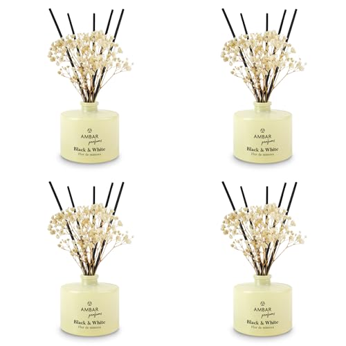 Ámbar Perfums Ambientador Mikado Black & White Flor de Mimosa – Difusor de Varillas Decorativo con Aroma Floral y Elegante, Duración +45 Días – Pack de 4 x 40 ml