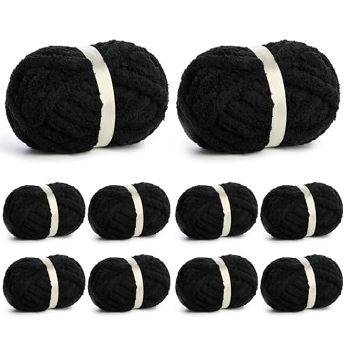 10 Pack of Jumbo Chunky Yarn for Hand Knitting 10# Super Bulky-Fluffy Chenille Yarn 220 yds/70.5 oz Soft Thick Yarn for Crocheting Chunky Knit Throw Blankets.(Black)