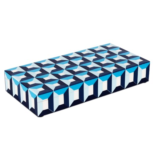 Handicrafts Home Large Blue Decorative Storage Box with Lid– Modern Coffee Table Storage Box, Geometric Resin Inlay Wooden Box, Remote Control Organizer, Keepsake Box for Coastal Decor- 12x6x2